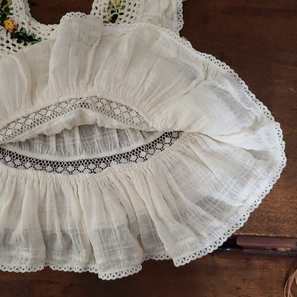 True VINTAGE Baby Girl's Cottagecore Prairie Ivory Crochet Lace Ruffle Dress - Picture 5 of 6